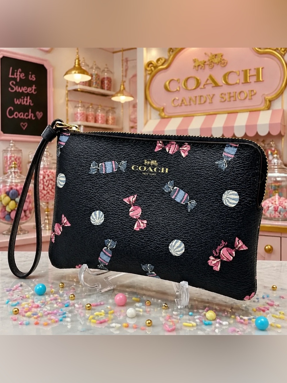 🍬COACH BLACK CANDY PRINT ZIP WRISTLE - Picture 5 of 15